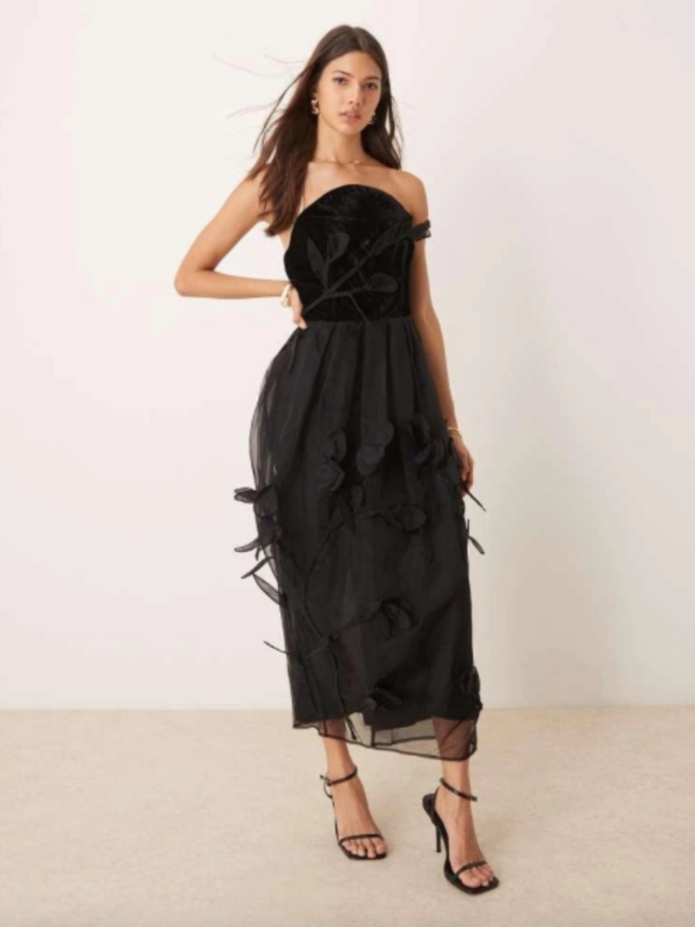 NWT ASOS EDITION floral applique velvet bandeau organza midi dress in black 2
